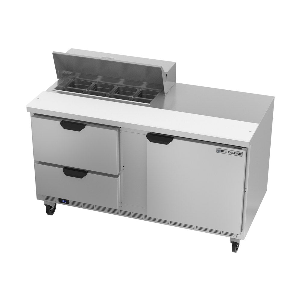 Beverage Air SPED60HC-08-2 60" one door and two drawers sandwich prep table, side angle view, door closed