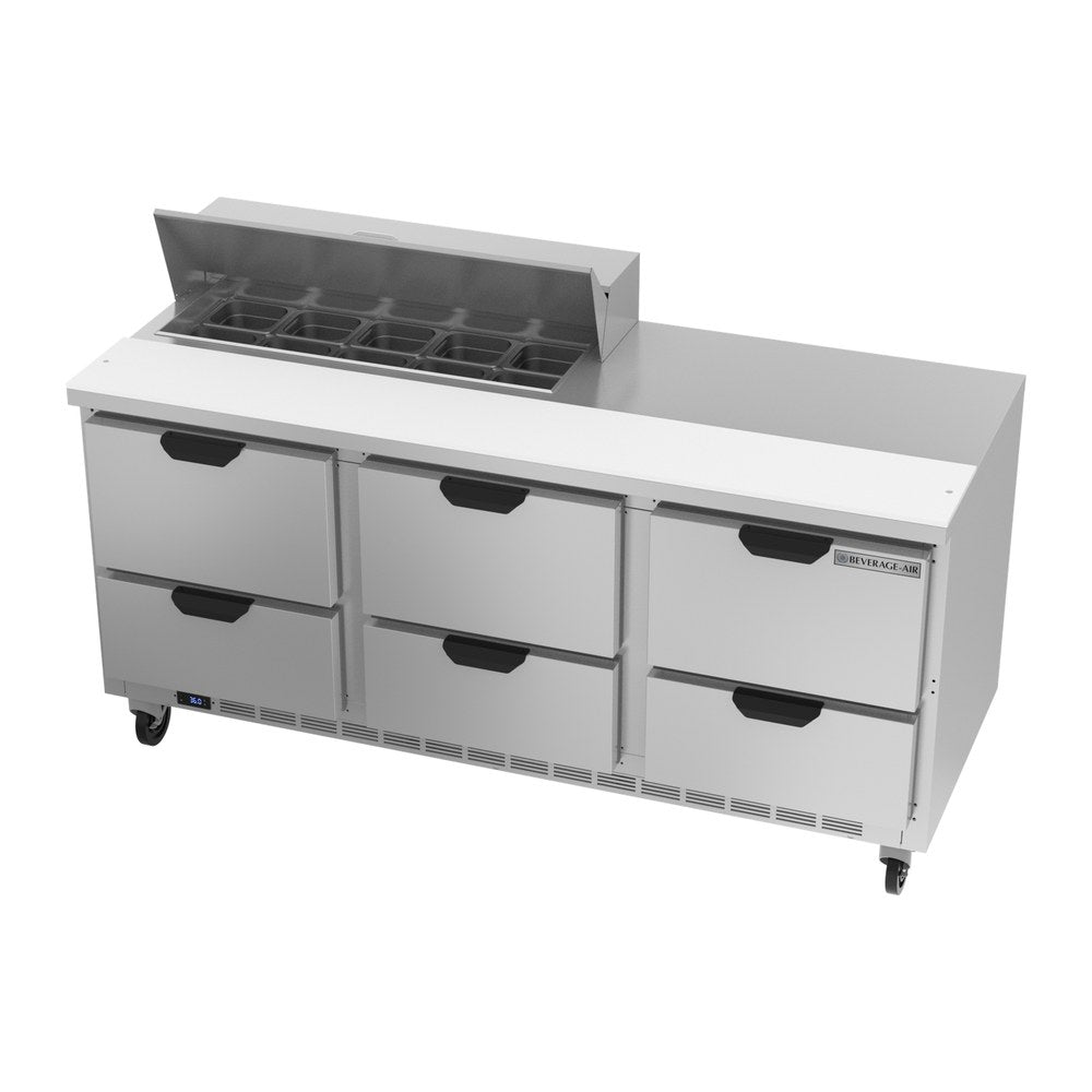 Beverage Air SPED72HC-10-6 72" six drawers sandwich prep table, side angle view, door closed