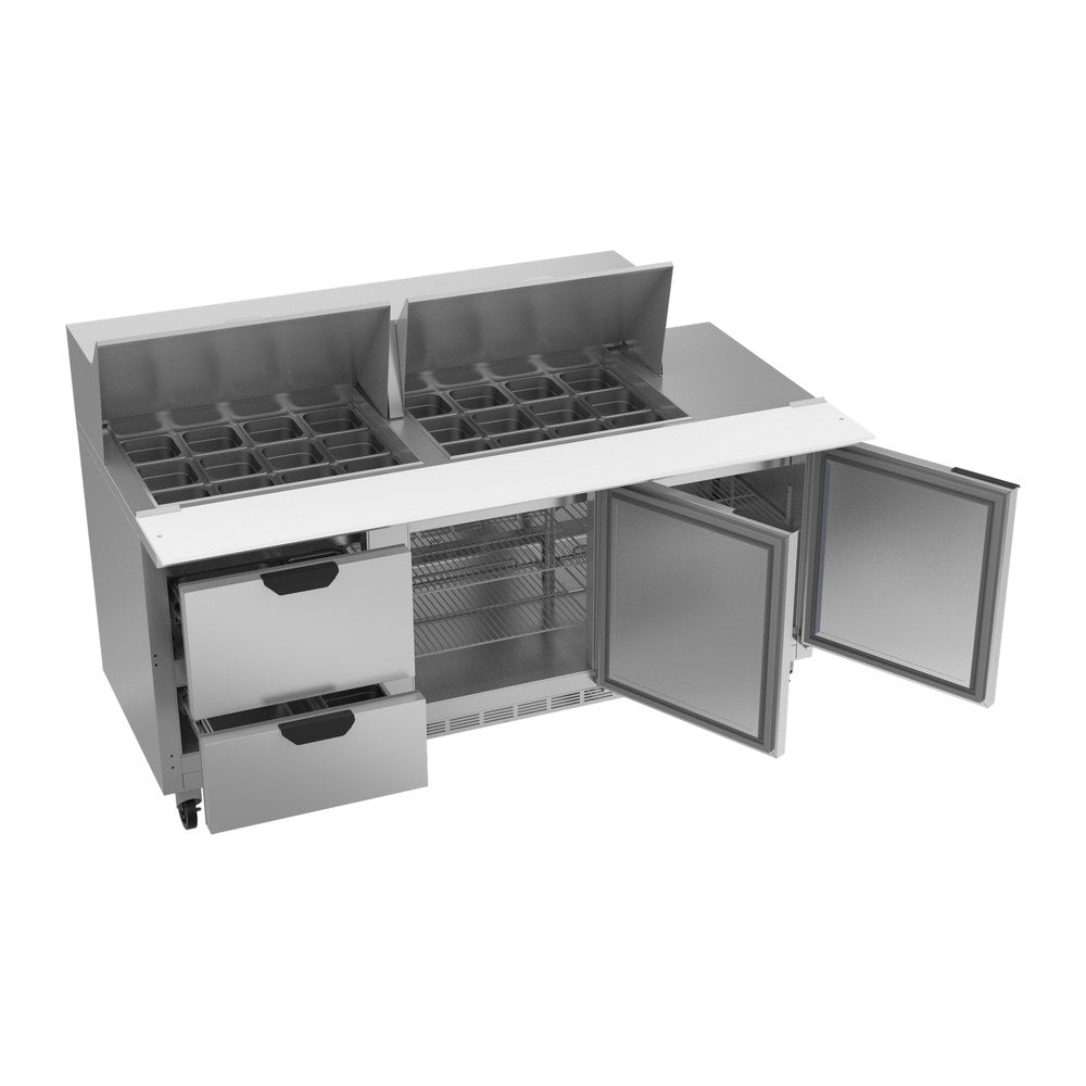 Beverage Air SPED72HC-24M-2 72" two doors and two drawers sandwich prep table, with the doors open showing the interior