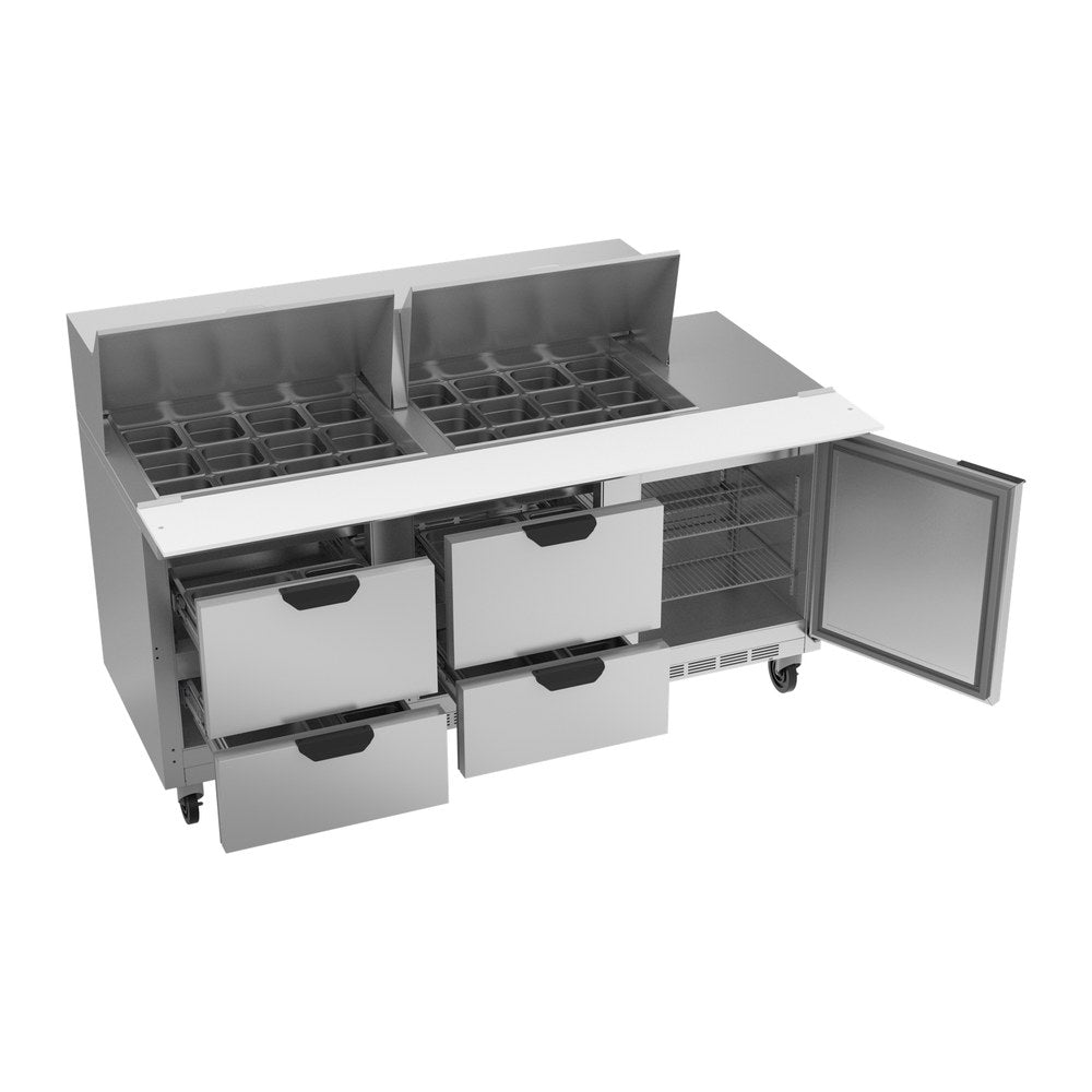 Beverage Air SPED72HC-24M-4 72" one door and four drawers sandwich prep table, with the door open showing the interior