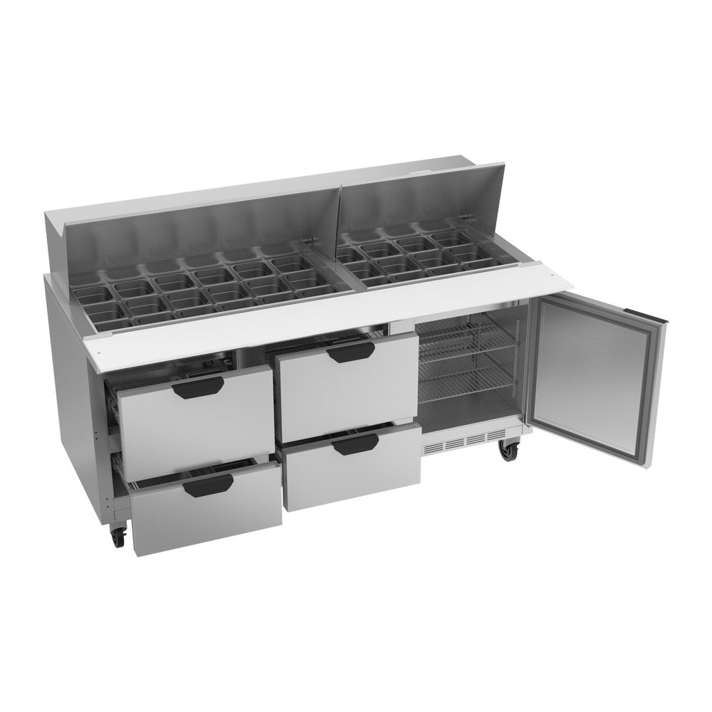 Beverage Air SPED72HC-30M-4 72" one door and four drawers sandwich prep table, with the door open showing the interior