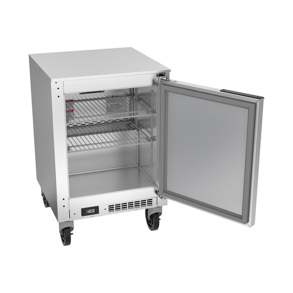 Beverage Air UCF20HC 20" one solid door undercounter freezer, with the door open showing the interior