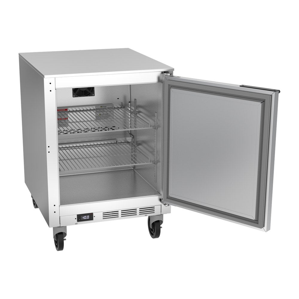 Beverage Air UCF24AHC 24" one solid door undercounter freezer, with the door open showing the interior