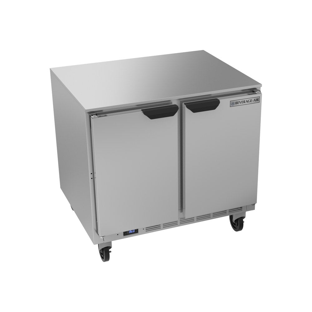 Beverage Air UCR36AHC 36" two solid doors undercounter refrigerator, front view, doors closed