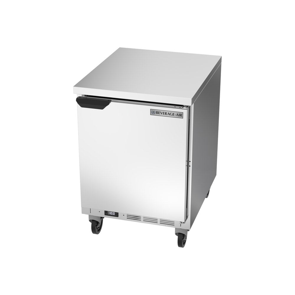Beverage Air WTF24AHC-FLT 24" one solid door worktop freezer, side angle view, door closed