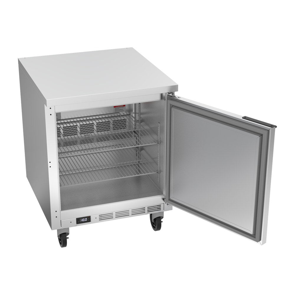 Beverage Air WTF27AHC-FLT 27" one solid door worktop freezer, with the door open showing the interior