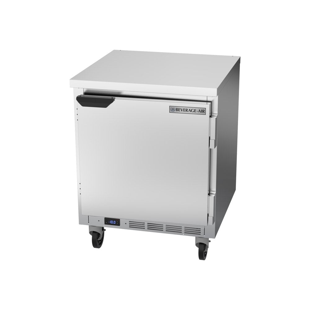 Beverage Air WTF27HC-FLT 27" one solid door worktop freezer, front angle view, door closed