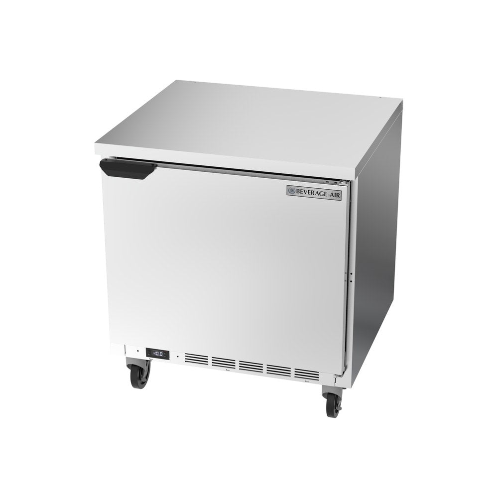Beverage Air WTF32AHC-FLT 32" one solid door worktop freezer, side angle view, door closed
