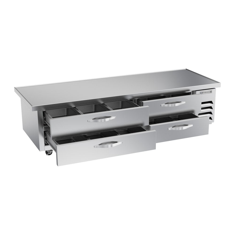 Beverage Air WTFCS84HC-89 89" four drawers chef base freezer, with the door open showing the interior