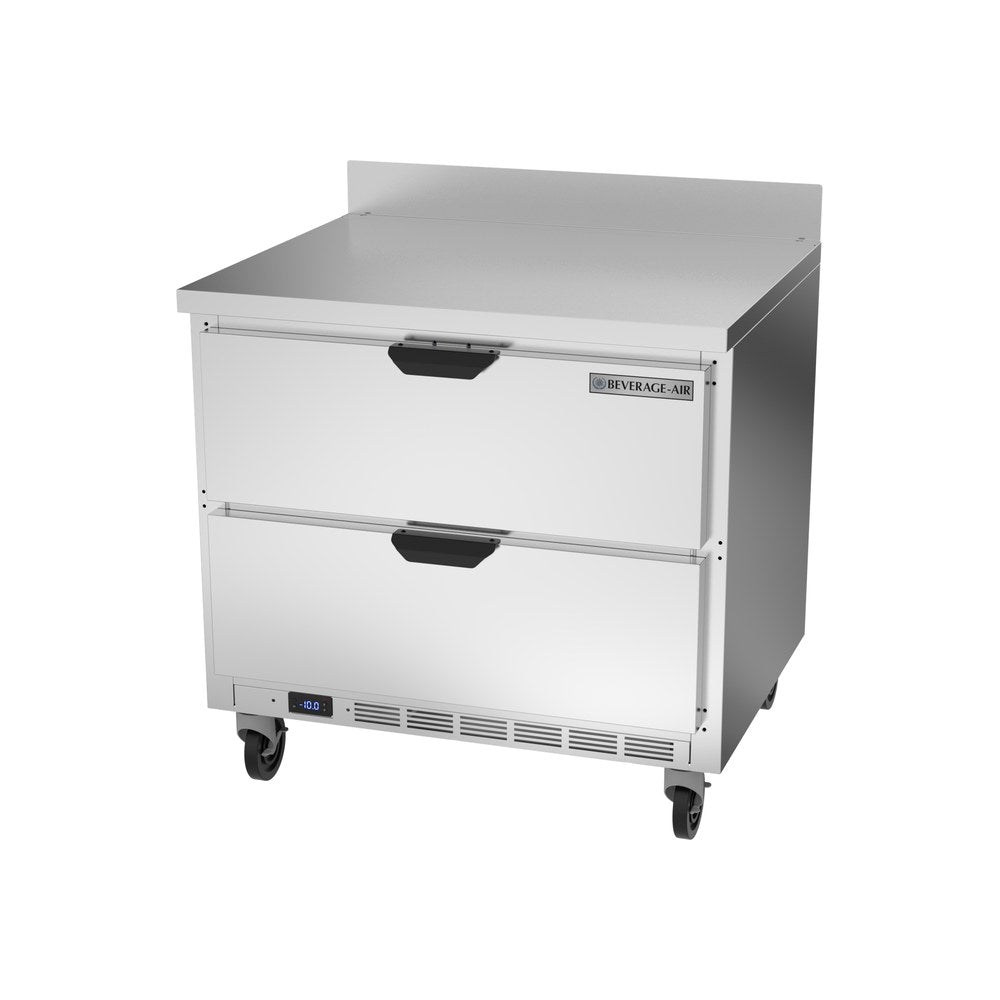 Beverage Air WTFD36AHC-2 36" two drawers worktop freezer, side angle view, drawers closed