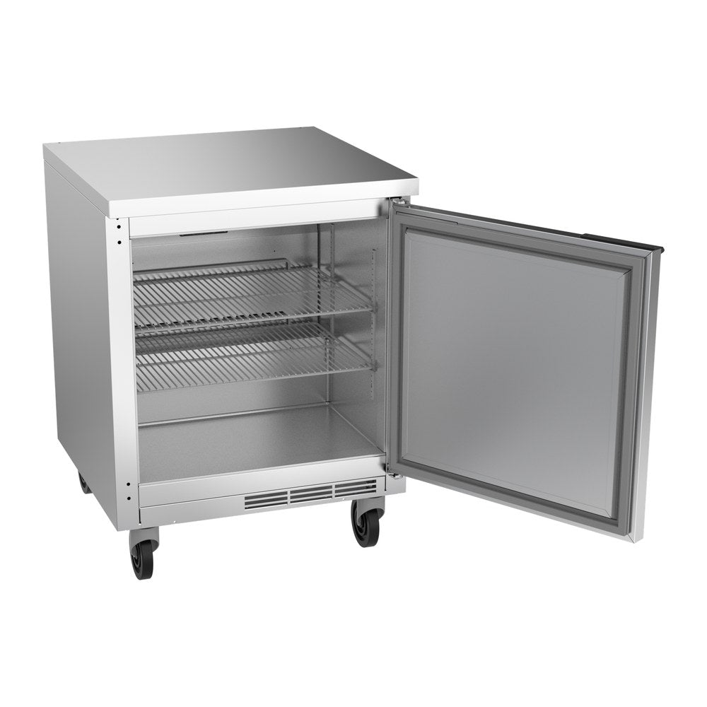 Beverage Air WTR27HC-FLT 27" one solid door worktop refrigerator, with the door open showing the interior