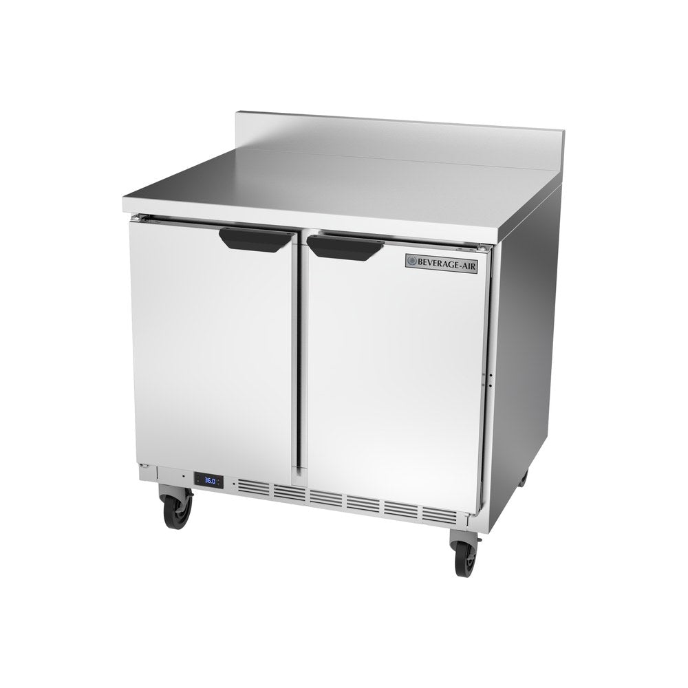 Beverage Air WTR36AHC-FIP 36" two solid doors worktop refrigerator, side angle view, doors closed