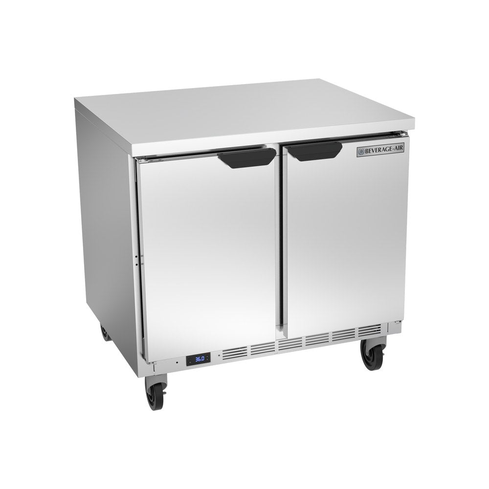 Beverage Air WTR36AHC-FLT 36" two solid doors worktop refrigerator, front view, doors closed
