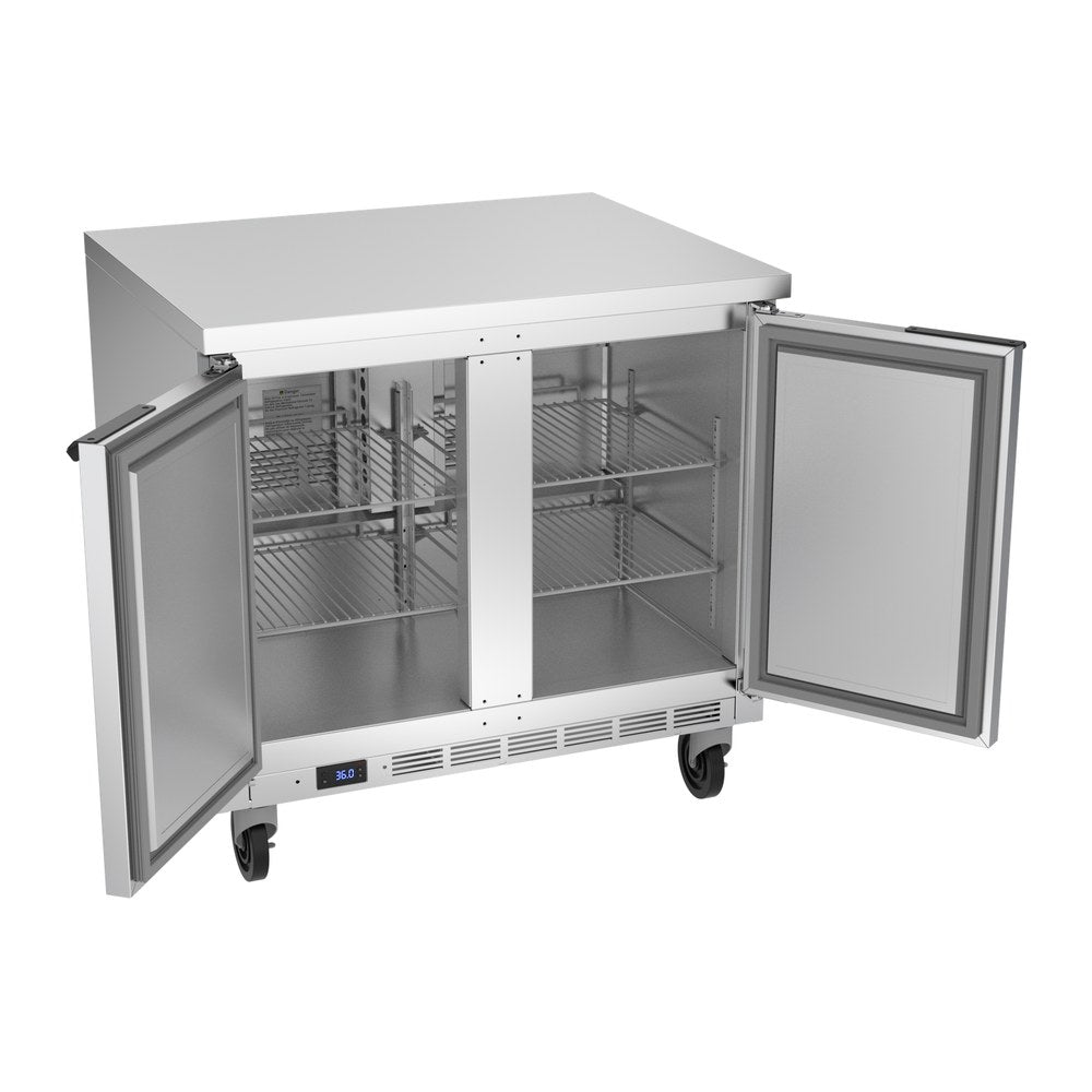 Beverage Air WTR36AHC-FLT 36" two solid doors worktop refrigerator, with the doors open showing the interior