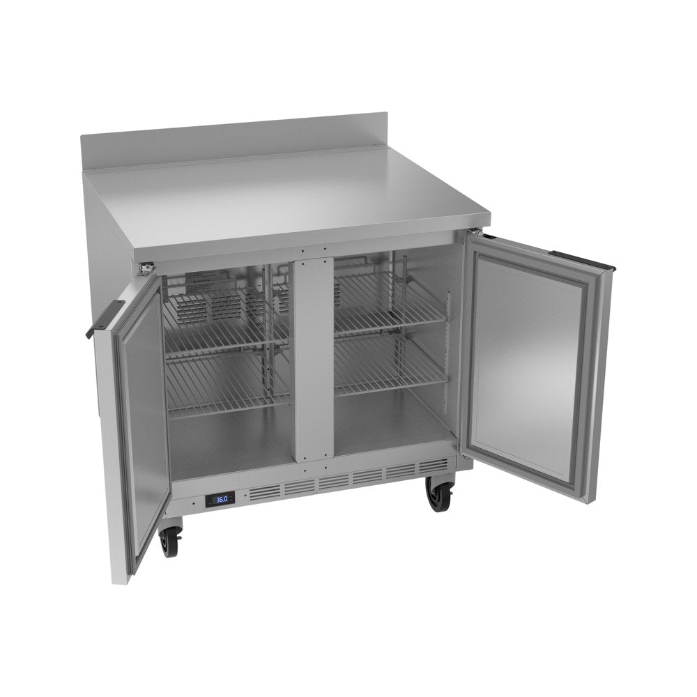 Beverage Air WTR36AHC 36" two solid doors worktop refrigerator, with the doors open showing the interior