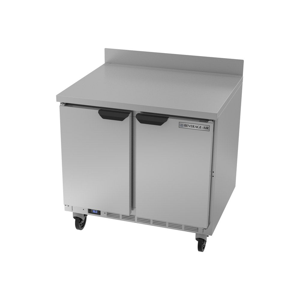 Beverage Air WTR36AHC 36" two solid doors worktop refrigerator, side angle view, doors closed