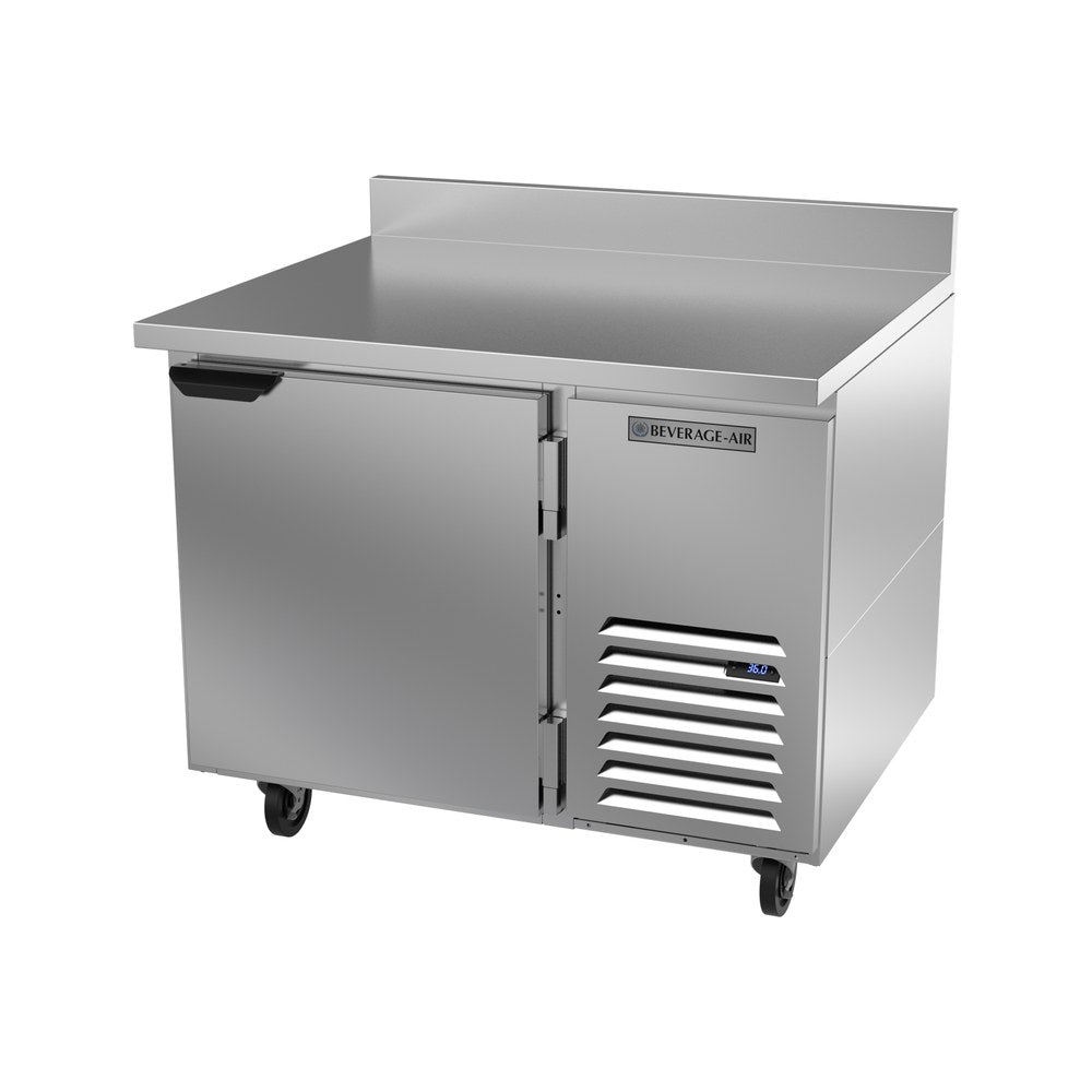 Beverage Air WTR41AHC 41" one solid door worktop refrigerator, side angle view, door closed