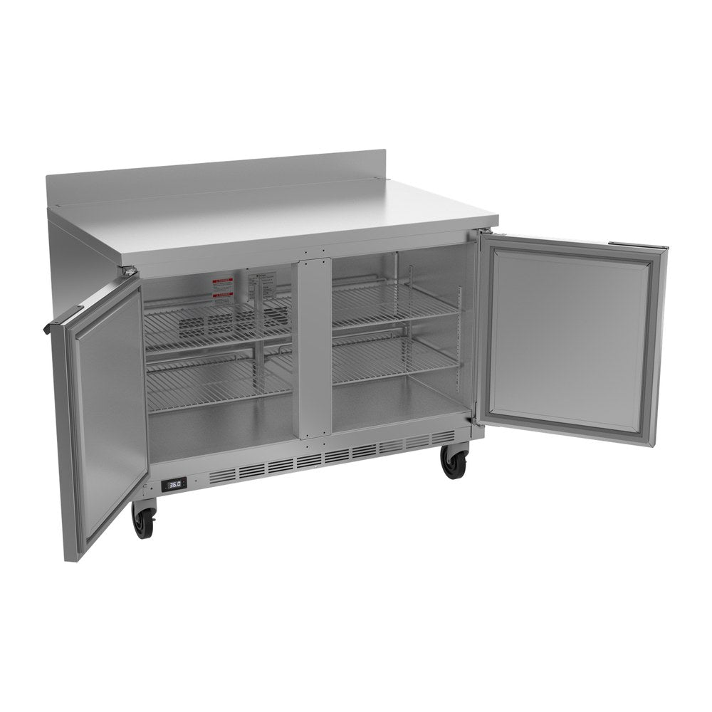Beverage Air WTR48AHC 48" two solid doors worktop refrigerator, with the doors open showing the interior
