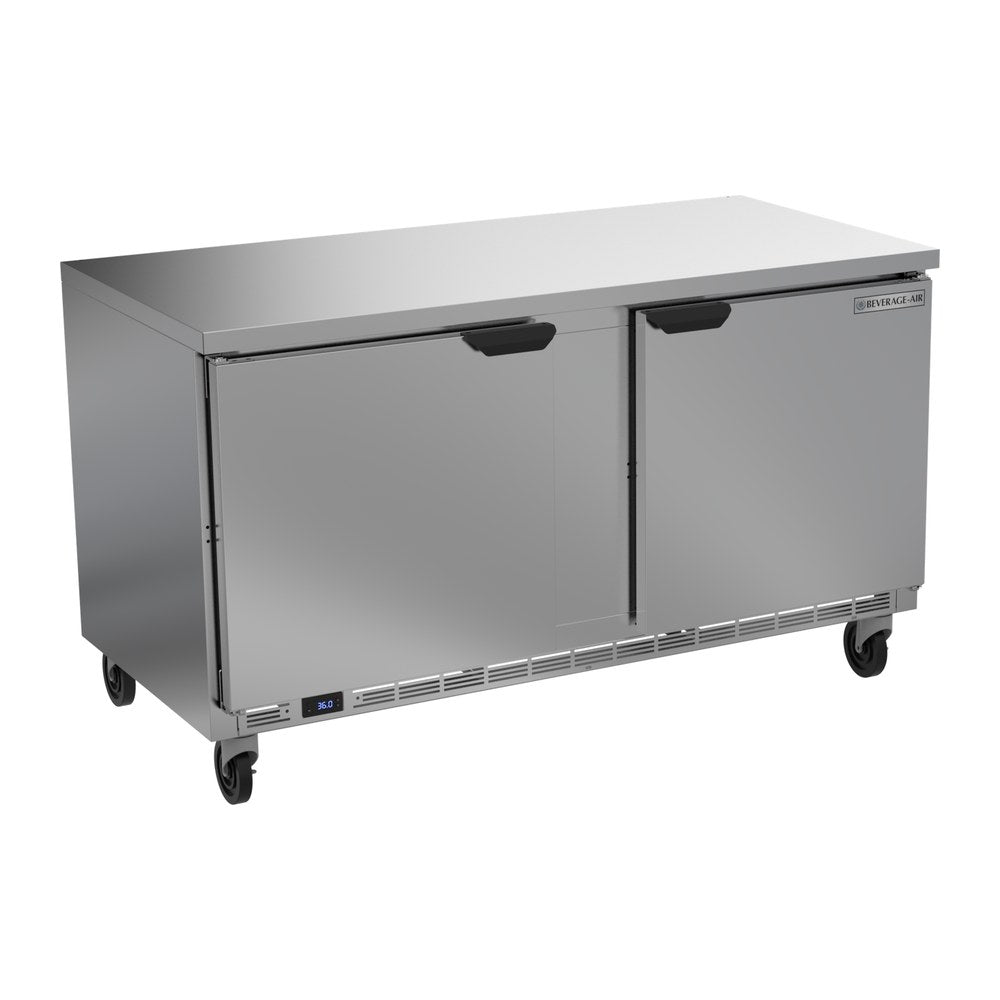 Beverage Air WTR60AHC-FLT 60" two solid doors worktop refrigerator, front view, doors closed