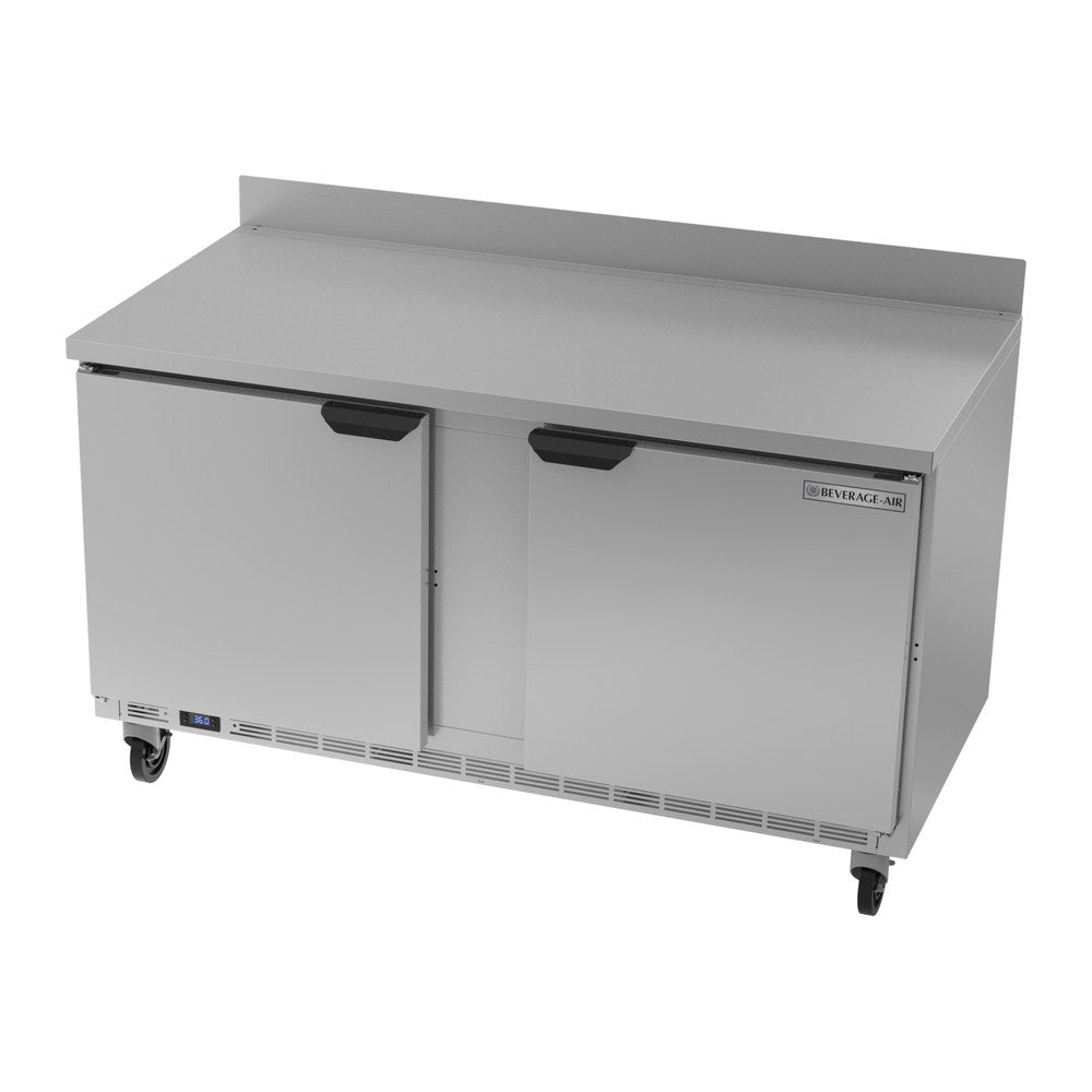 Beverage Air WTR60AHC 60" two solid doors worktop refrigerator, side angle view, doors closed