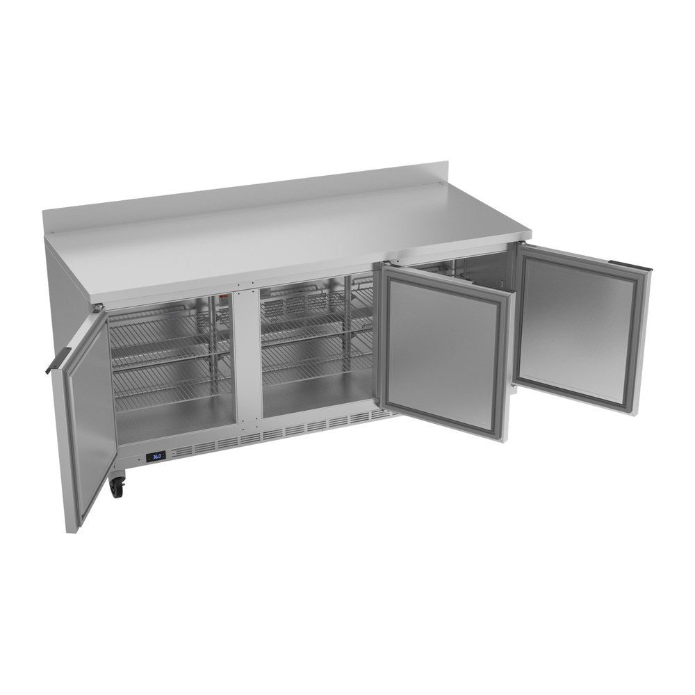 Beverage Air WTR72AHC 72" three solid doors worktop refrigerator, with the doors open showing the interior