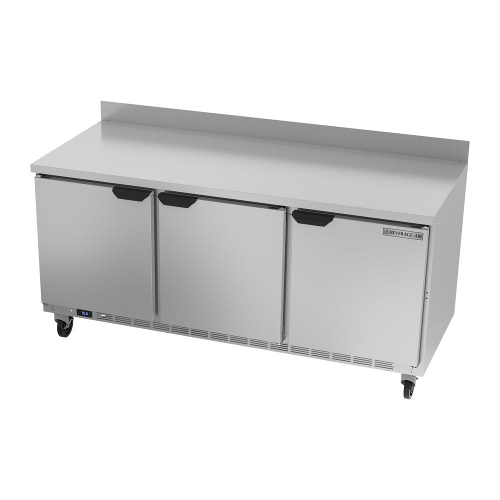 Beverage Air WTR72AHC 72" three solid doors worktop refrigerator, side angle view, doors closed