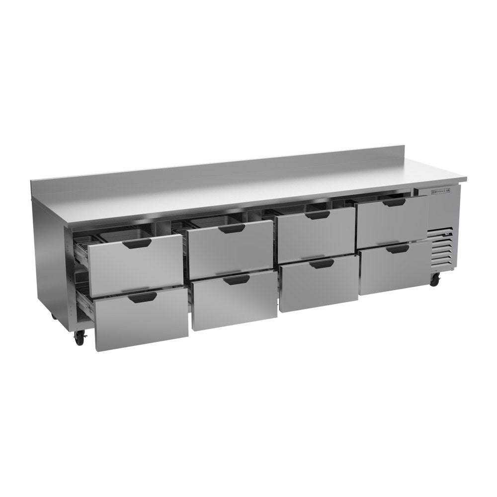 Beverage Air WTRD119AHC-8 118-7/8" eight drawers worktop refrigerator, with the door open showing the interior
