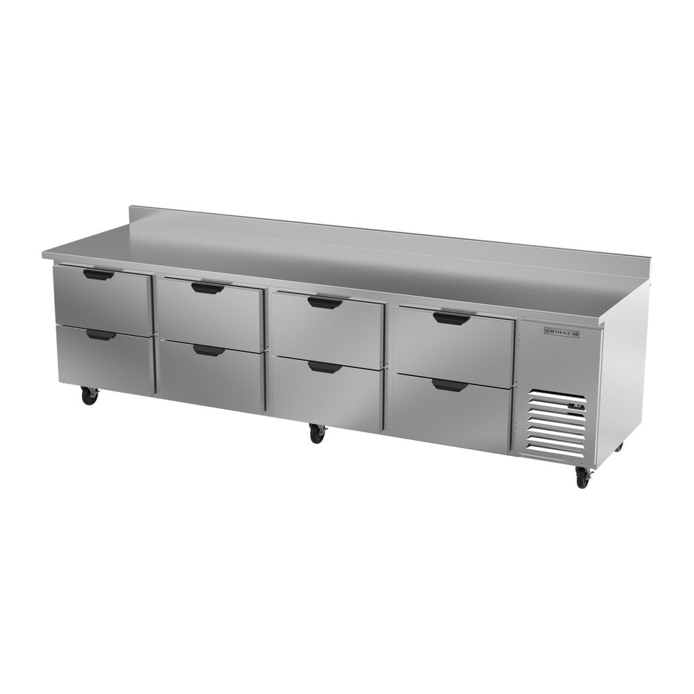 Beverage Air WTRD119AHC-8 118-7/8" eight drawers worktop refrigerator, side angle view, door closed