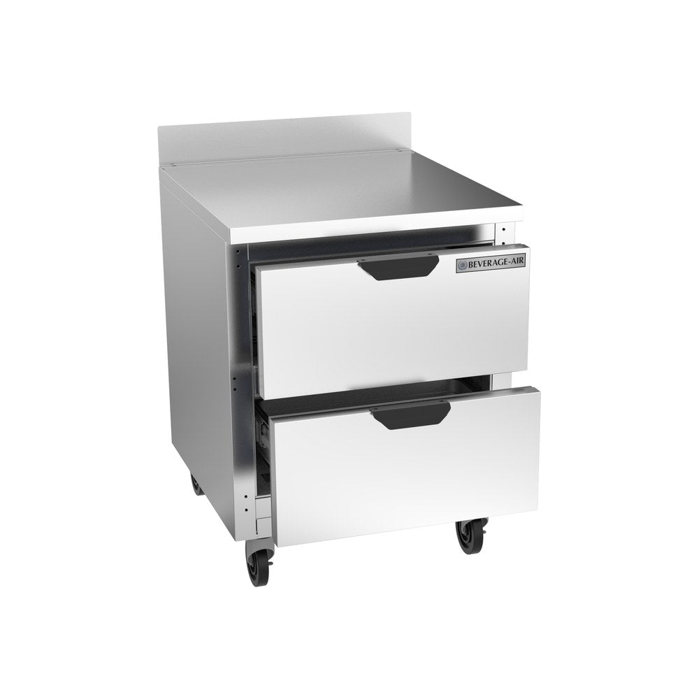 Beverage Air WTRD27AHC-2 27" two drawers worktop refrigerator, with the door open showing the interior