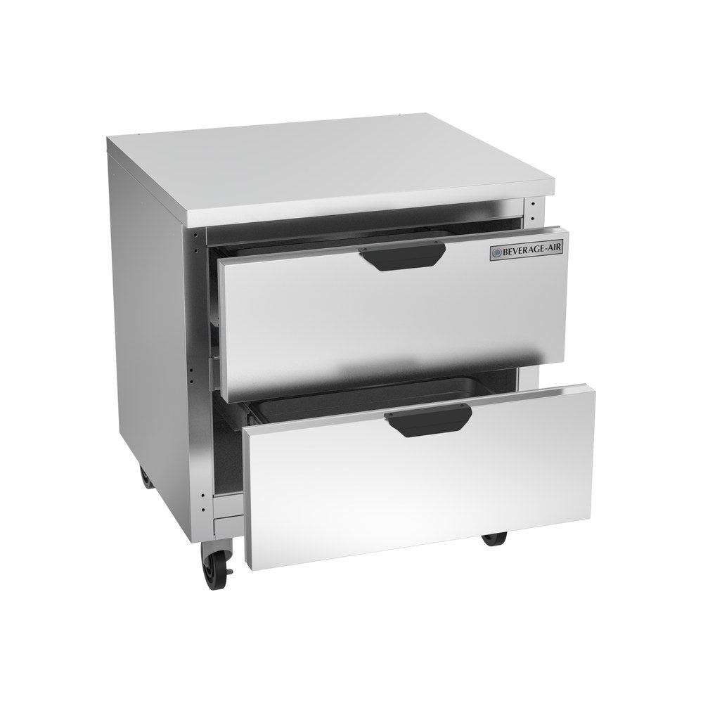 Beverage Air WTRD32AHC-2-FLT 32" two drawers worktop refrigerator, with the door open showing the interior