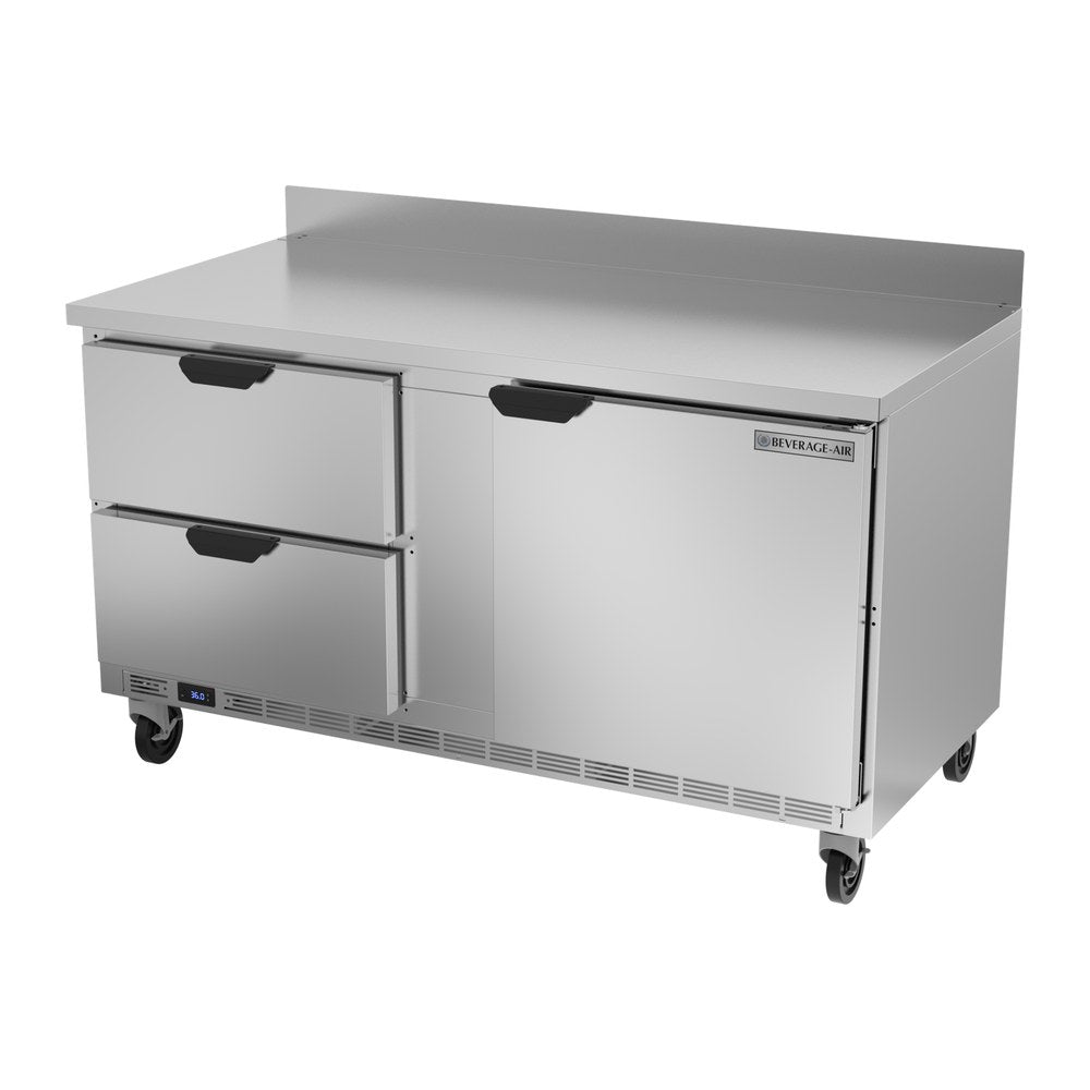 Beverage Air WTRD60AHC-2 60" one door and two drawers worktop refrigerator, side angle view, door closed