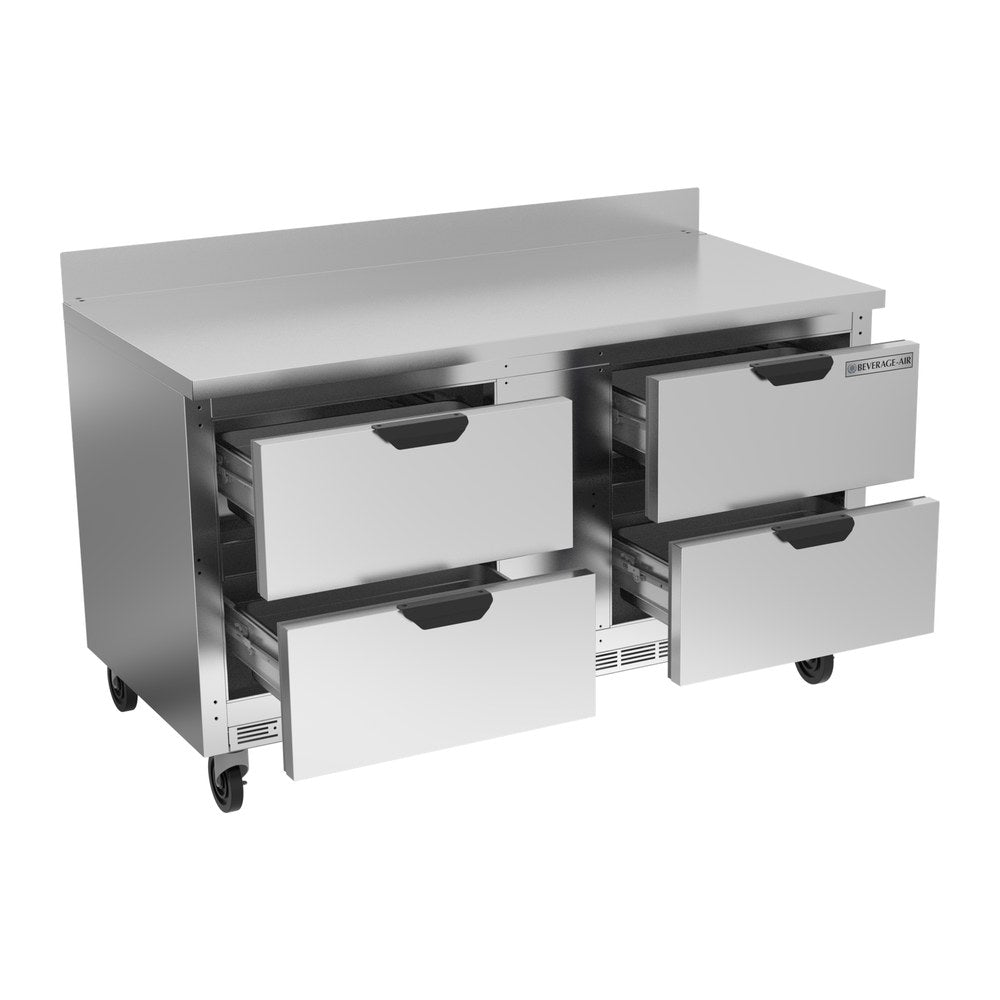 Beverage Air WTRD60AHC-4 60" four drawers worktop refrigerator, with the door open showing the interior