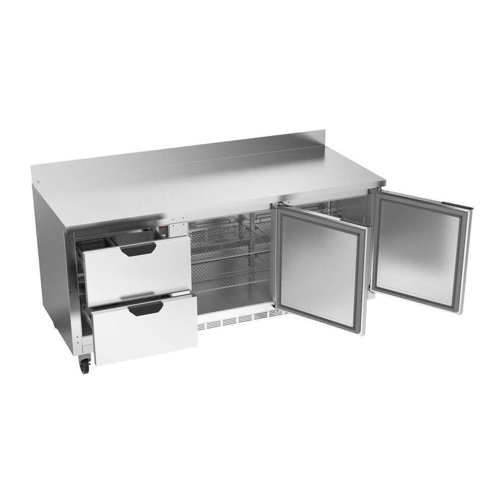 Beverage Air WTRD72AHC-2 72" two doors and two drawers worktop refrigerator, with the doors open showing the interior