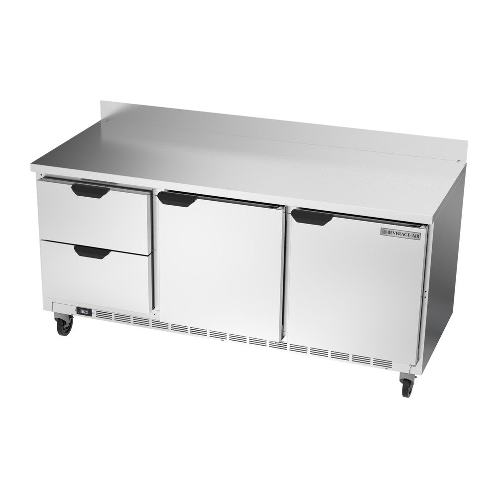 Beverage Air WTRD72AHC-2 72" two doors and two drawers worktop refrigerator, side angle view, doors closed