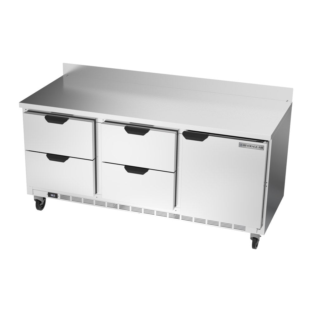 Beverage Air WTRD72AHC-4 72" one door and four drawers worktop refrigerator, side angle view, door closed