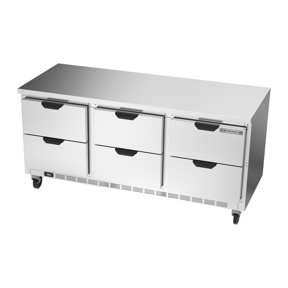 Beverage Air WTRD72AHC-6-FLT 72" six drawers worktop refrigerator, side angle view, door closed
