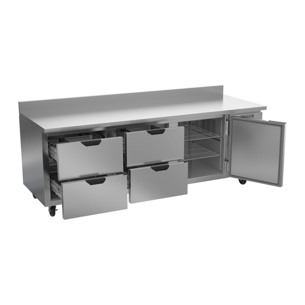 Beverage Air WTRD93AHC-4 93-1/8" one door and four drawers worktop refrigerator, with the door open showing the interior