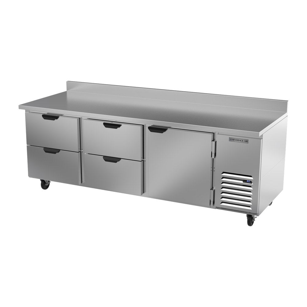Beverage Air WTRD93AHC-4 93-1/8" one door and four drawers worktop refrigerator, side angle view, door closed