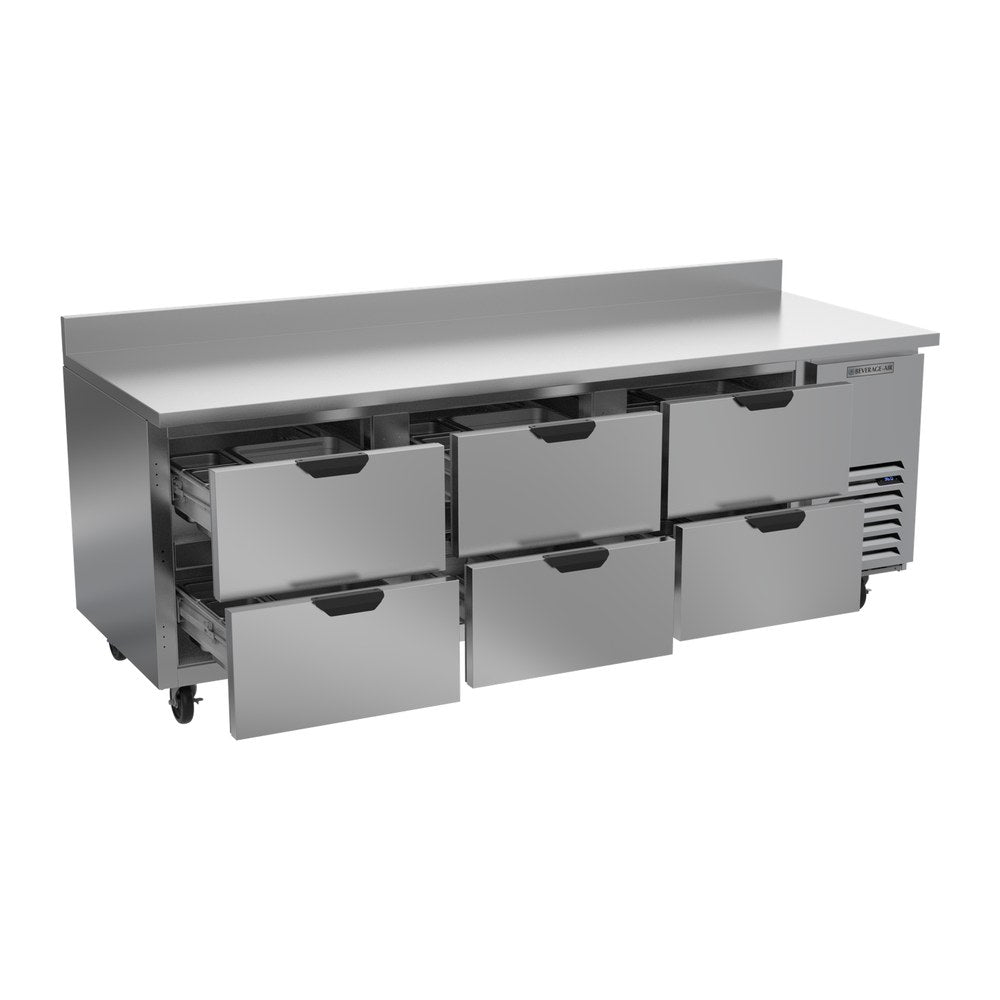Beverage Air WTRD93AHC-6 93-1/8" six drawers worktop refrigerator, with the door open showing the interior