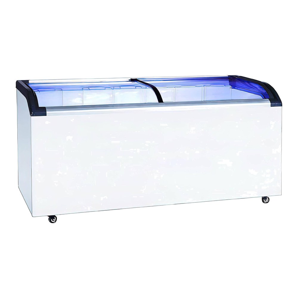 Black Diamond BDCF-19-CG 71 inch curved glass top display freezer with lids closed, front view