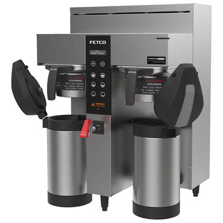 Shown with optional thermal servers. Fetco CBS-1232-PLUS (E1232US-1B230-MM010), Extractor Plus Double Automatic Thermal Server Coffee Brewer, 208-240v