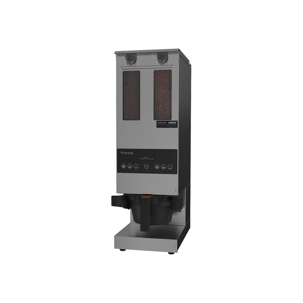 Fetco GRS 1202 dual hopper automatic coffee grinder, G1202US-1A000-00001, low angle view