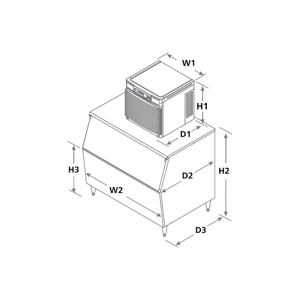 Follett D414ATF shown top-mounted on an ice storage bin (bin sold separately), spec sheet drawing