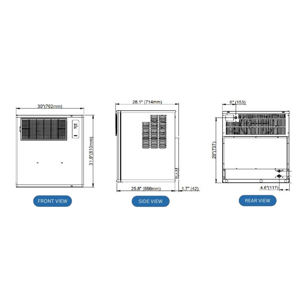 Follett IM-0485-AQ front, side and rear dimensional drawing from the specification sheet