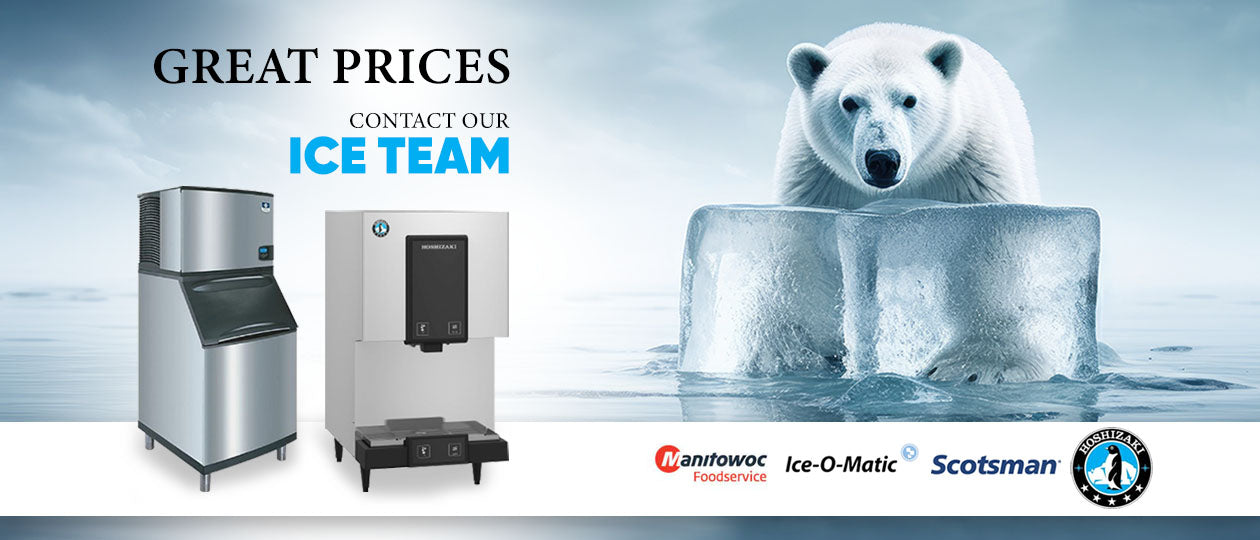 Advertisement for ice-making equipment with a polar bear and text about great prices and contacting the ice team, as well as four brand logos.