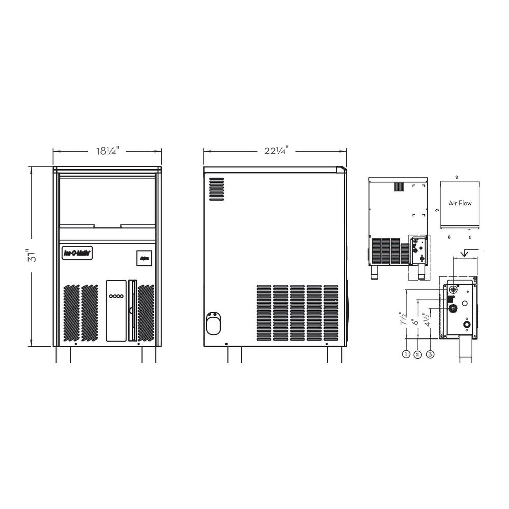 Ice-O-Matic UCG130A undercounter ice machine dimensional drawing from the spec sheet
