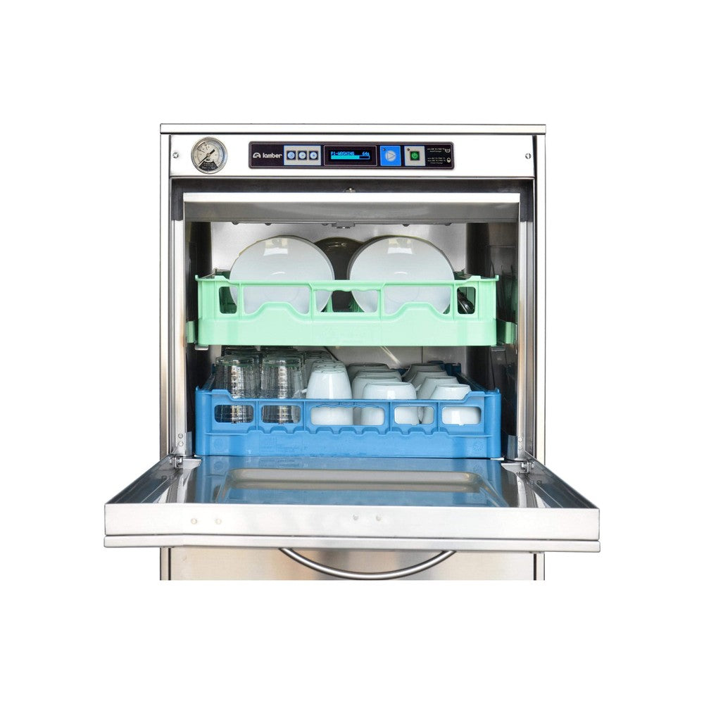 Lamber F99DYPS high temperature undercounter dishwasher, door open showing two racks