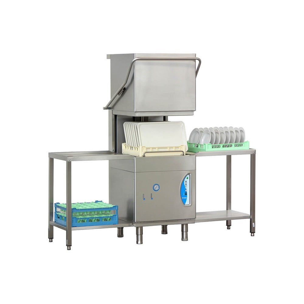 Lamber L25EKS pass-through dishwasher, hood raised with dish rack, optional tables not included