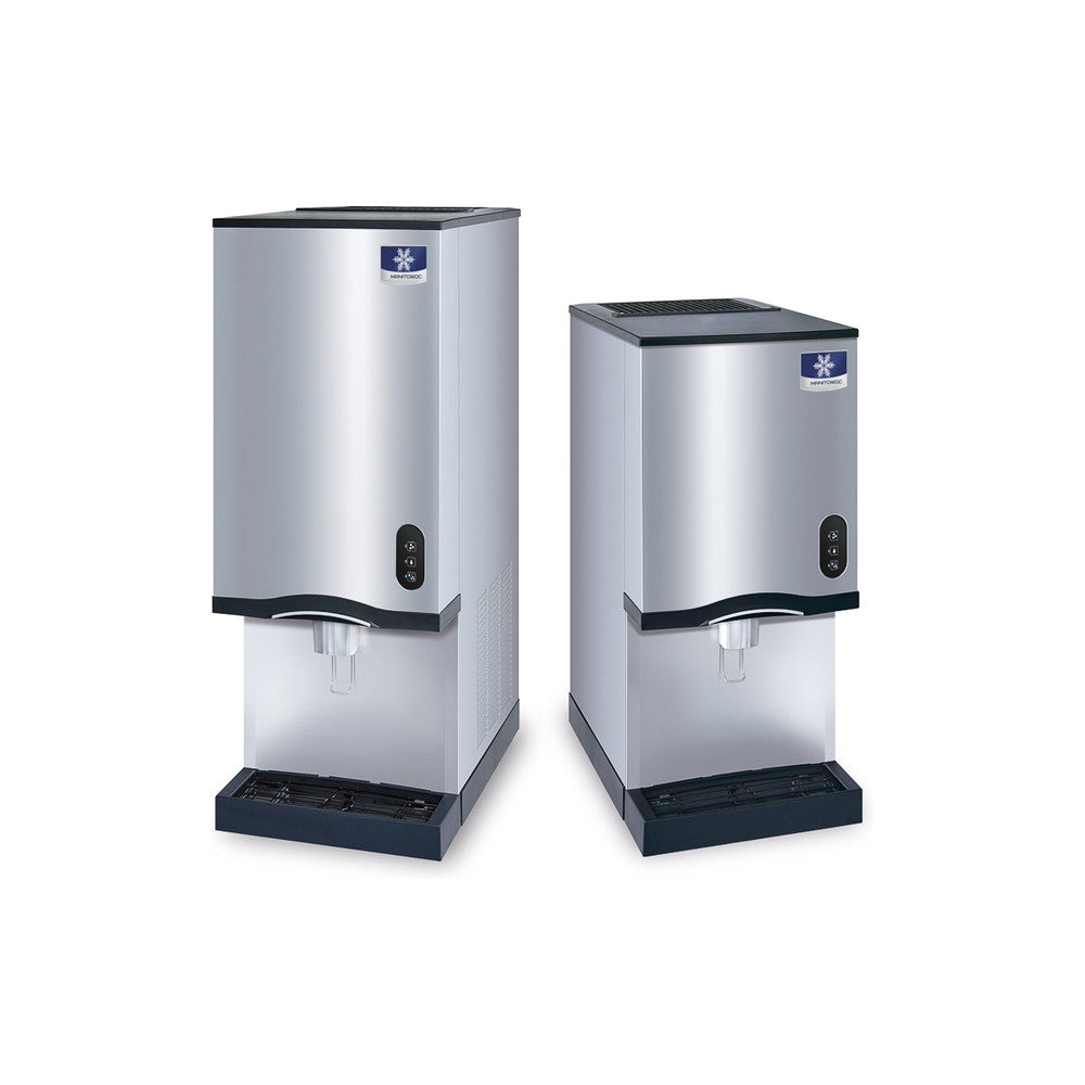 Manitowoc CNP0202 (left) and CNP0201 (right) push-lever countertop nugget ice and water dispensers side by side
