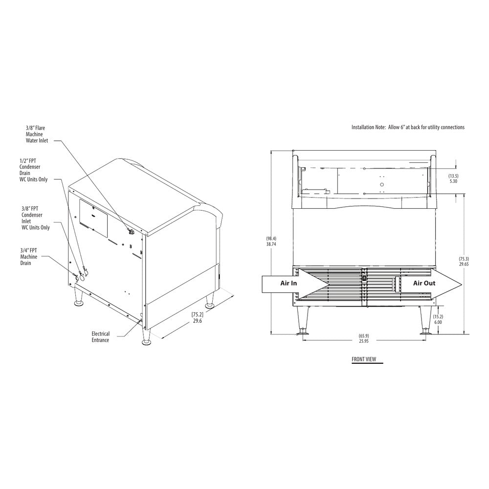 Scotsman CU3030 undercounter ice machine dimensional drawing from the spec sheet
